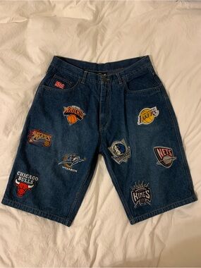 Men's Dark Blue Denim Patchwork Vintage NBA Basketball Team Shorts